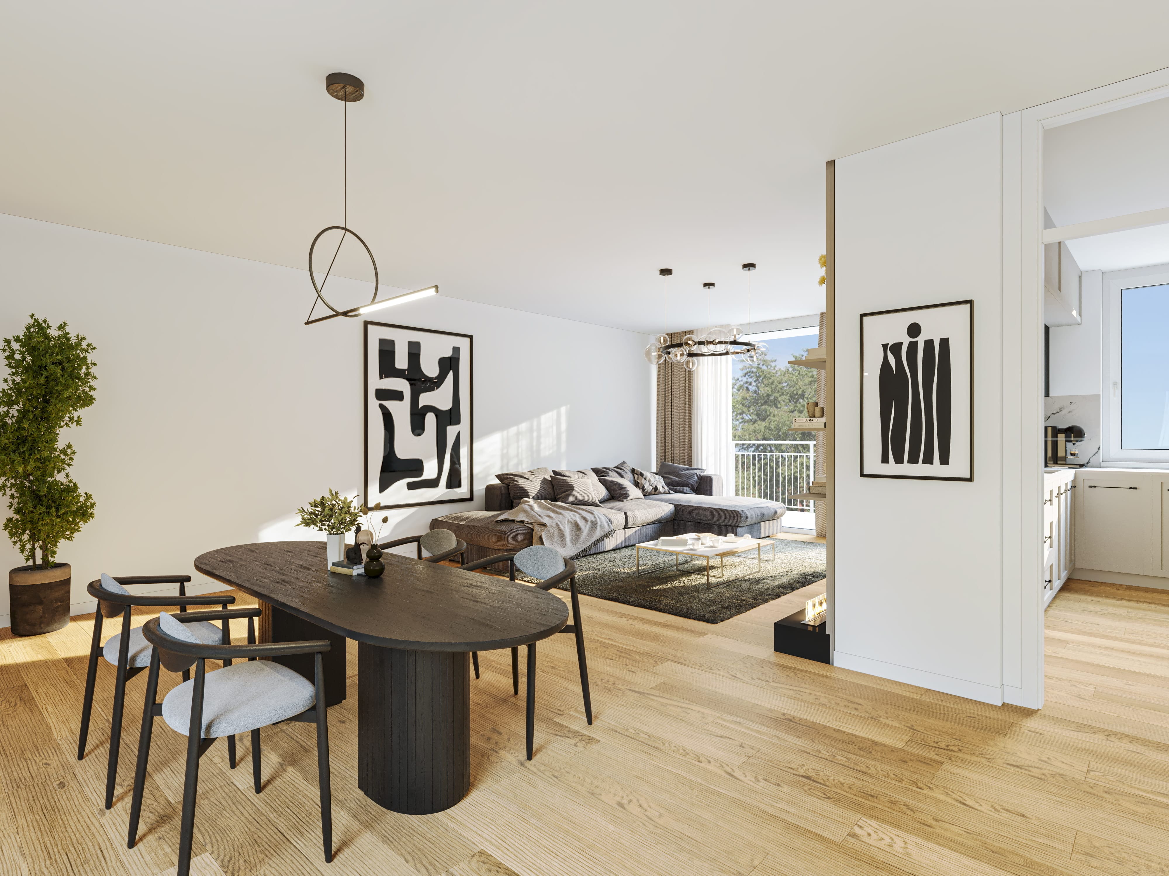 Virtuelles Home Staging eines hellen, offenen Wohn- und Essbereichs. Das Digital Home Staging zeigt ein Raumkonzept im Einrichtungsstil modern mit einem schwarzen ovalen Esstisch, einem großen grauen Ecksofa, hellem Holzboden und abstrakter Kunst.